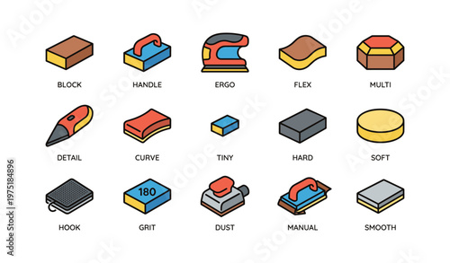 Assorted sanding tools illustration featuring block, handle, ergo, flex, and multi-shapes