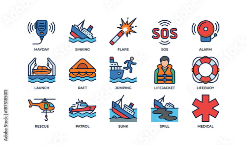 Maritime emergency icons featuring lifeboats, helicopter, lifejacket, flare, sos signal, and patrol boat