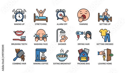 Morning routine illustrations with personal hygiene and breakfast activities