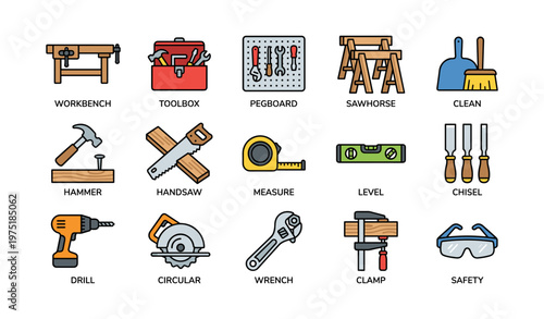 Tools and equipment icons: workbench, toolbox, pegboard, drill, safety glasses