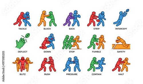 Colorful depiction of american football actions and techniques