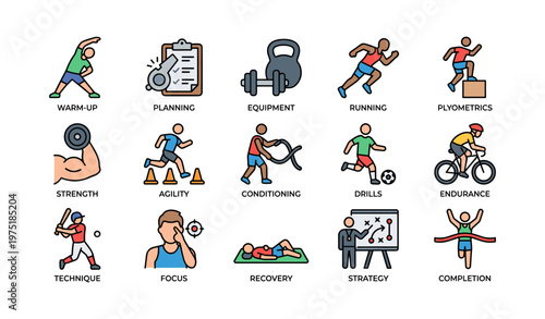 Colorful icons of various fitness activities and training concepts