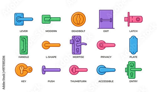 Colorful door handles and locks collection with various designs