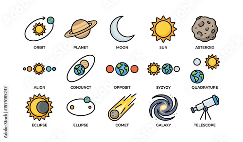 Colorful solar system icons depicting celestial bodies and phenomena