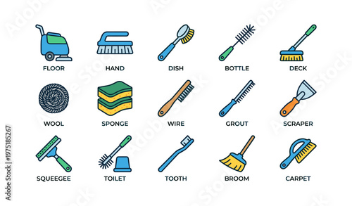 Set of various cleaning tools and brushes with labels