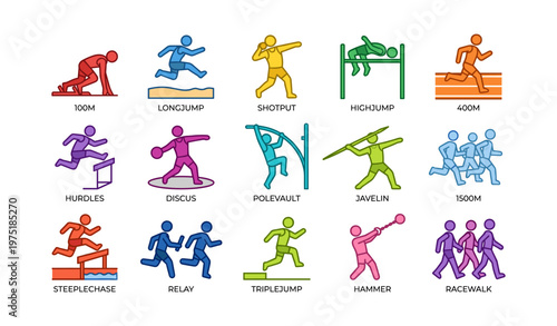 Colorful track and field sport icons featuring various athletic events