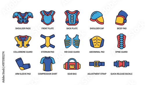 Colorful sports protective gear icons with labels for various body parts