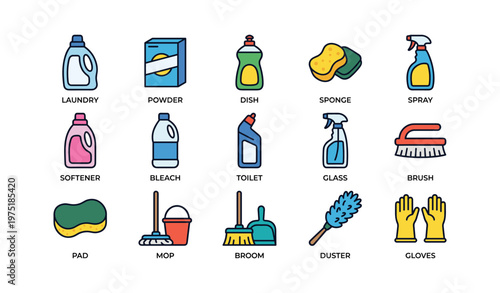 Colorful cleaning supplies set including detergents, brushes, and tools for household tasks