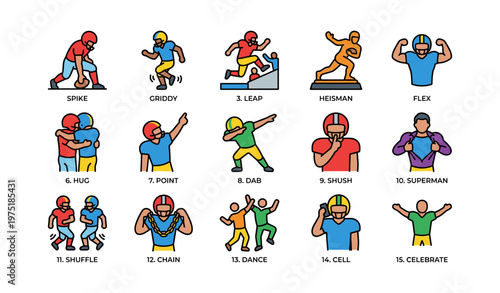 Illustrated football celebration moves featuring diverse cartoon characters