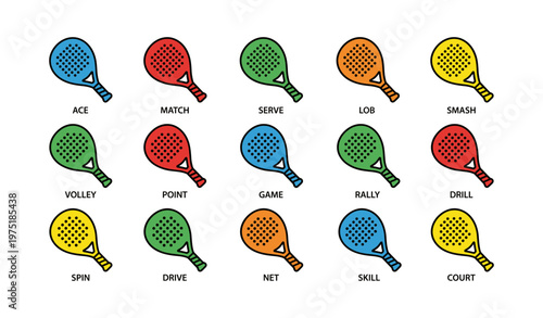 Colorful paddle icons for tennis and pickleball with text descriptions