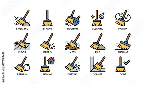 Colorful broom and dustpan icons illustrating various cleaning activities