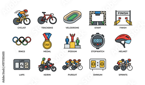 Cycling event icons: trackbike, velodrome, finish line, podium, stopwatch, medal, helmet