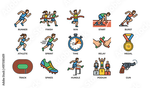 Athletics icons: running, sprinting, relay, track, medal, podium