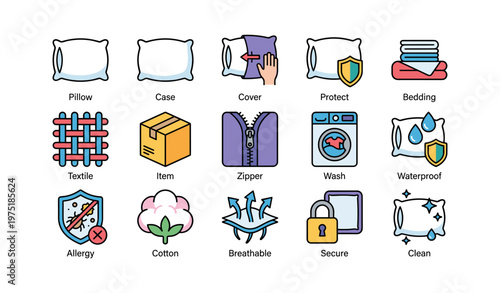 Icon set of pillowcase features including protection and maintenance
