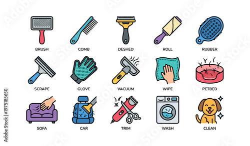 Pet grooming tools and cleaning supplies collection