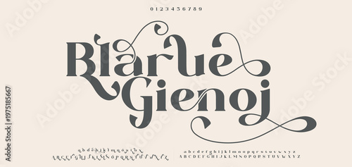 Blarue Gienoj Elegant font alphabet uppercase lowercase and number. Classic lettering minimal fashion designs. Typography modern serif fonts regular decorative vintage concept. Vector illustration
