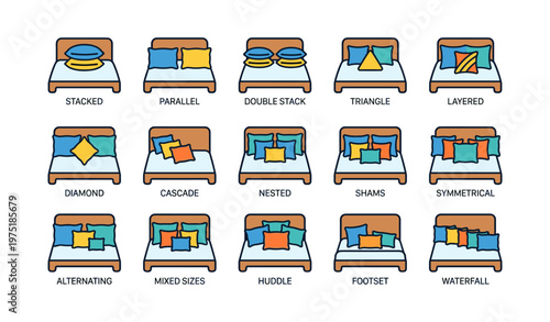 Different pillow arrangements on beds with various styles and patterns