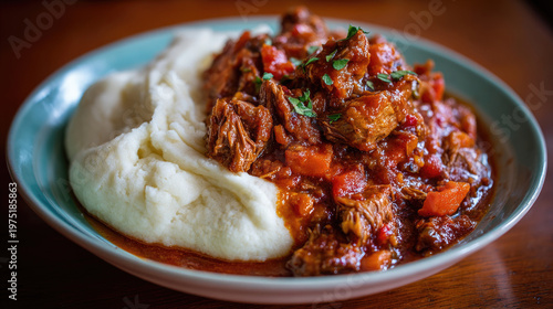 Hearty Beef Stew with Creamy Mashed Potatoes on Plate.
