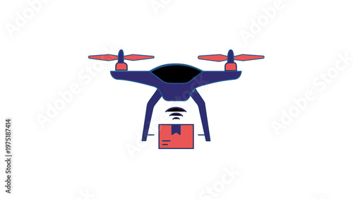 Modern autonomous drone delivery service vector icon illustration featuring a blue quadcopter transporting a cardboard box package with wireless signal waves for logistics and shipping tech.