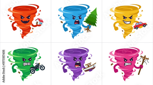 Colorful set of angry cartoon tornadoes with expressive faces, playfully lifting homes, vehicles, and trees, symbolizing destructive natural disaster forces