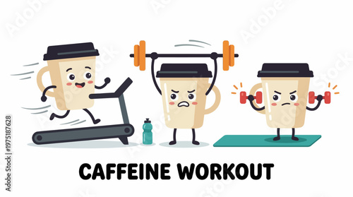 Whimsical vector art of animated coffee mugs performing various exercises, representing the stimulating energy and drive for an active, healthy routine and daily productivity