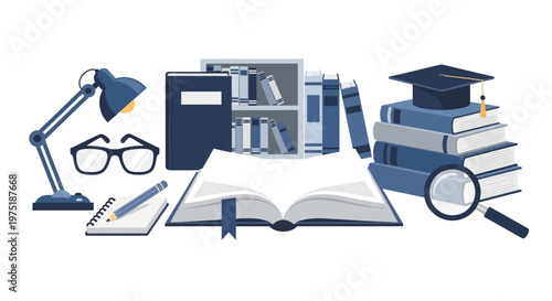 A flat lay illustration features an open book, reading glasses, and a graduation cap, rendered in a clean, modern style with a predominantly blue and white color palette, set