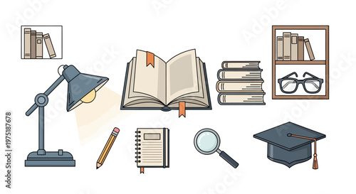 A flat lay illustration featuring an open book with a bookmark, a stack of books, and spectacles, alongside a lamp, pencil, notebook, magnifying glass, and graduation cap against a clean