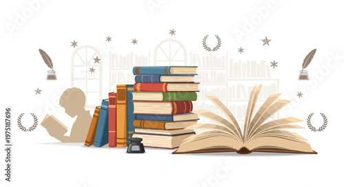 An open book illustration with a stack of colorful books, a silhouette of a reading character, and writing tools set against a bright background, creating a celebratory atmosphere for World