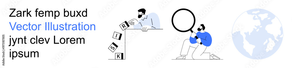 Obraz premium Risk assessment, decision-making, strategy planning, problem-solving, corporate management, global connection. Two individuals analyzing the concept of risk with blocks and a magnifying glass. Risk