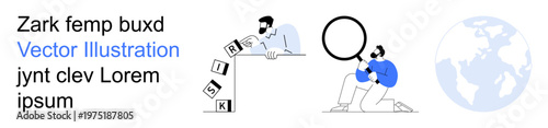 Risk assessment, decision-making, strategy planning, problem-solving, corporate management, global connection. Two individuals analyzing the concept of risk with blocks and a magnifying glass. Risk
