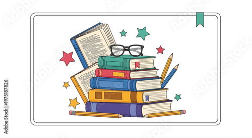 Charming flat lay illustration featuring a stack of colorful books with glasses on top, pencils, and stars, all set against a clean white background, evoking a cheerful and educational