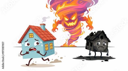 Cartoon illustration of a terrified house running away from a menacing fire tornado, while another house is destroyed in the background