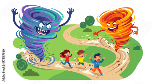 Scared children fleeing from two angry tornadoes, representing natural disaster and its impact on people and environment