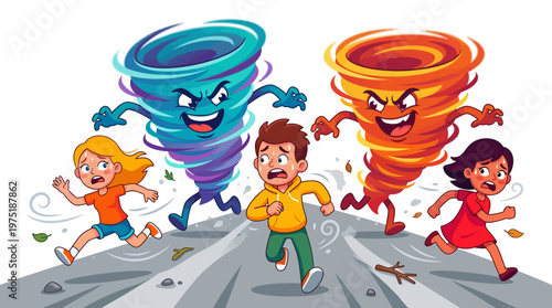 Children running in fear from two anthropomorphic, angry tornado monsters in a dynamic cartoon chase, emphasizing the urgency of escape and natural dangers