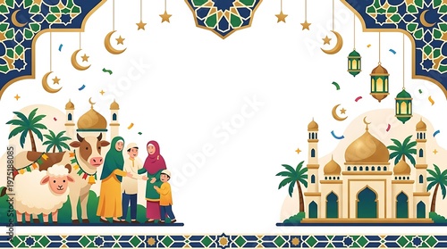 Islamic holiday scene with mosque family and animals illustration for celebration
