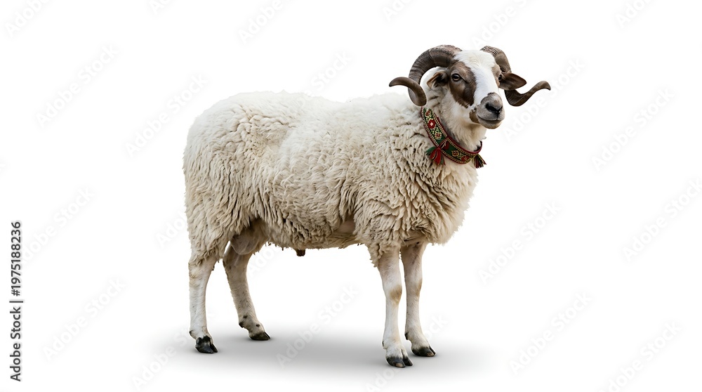 Fototapeta premium Isolated ram with large horns and white fleece against a bright background