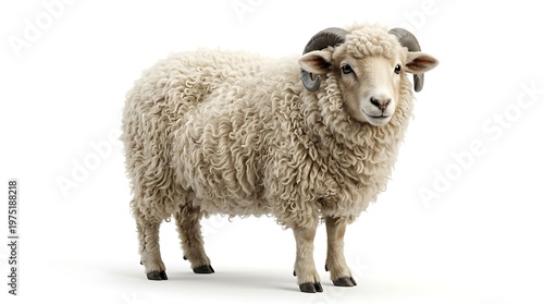 Isolated ram with curly wool and large horns against a clean white background