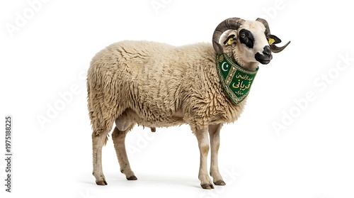Isolated ram with curved horns and neck scarf against a white background