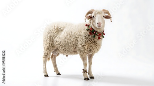 Isolated ram with decorative collar on white background studio shot