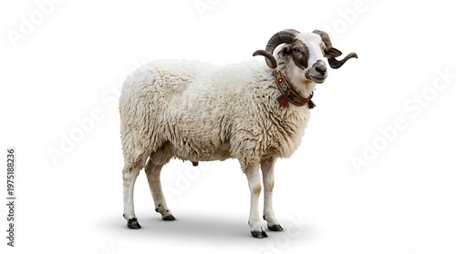 Isolated ram with large horns and white fleece against a bright background
