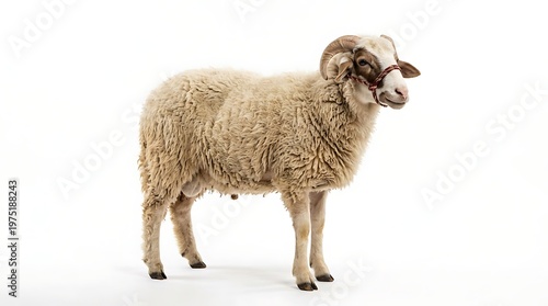 Isolated ram with large horns and woolly fur against a clean white background