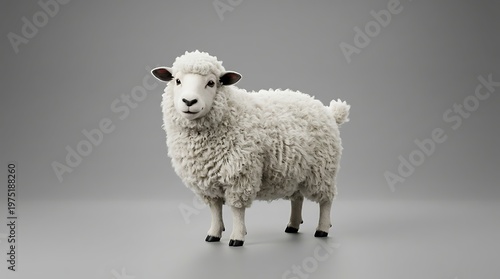 Isolated sheep on gray background presenting wool and standing stance