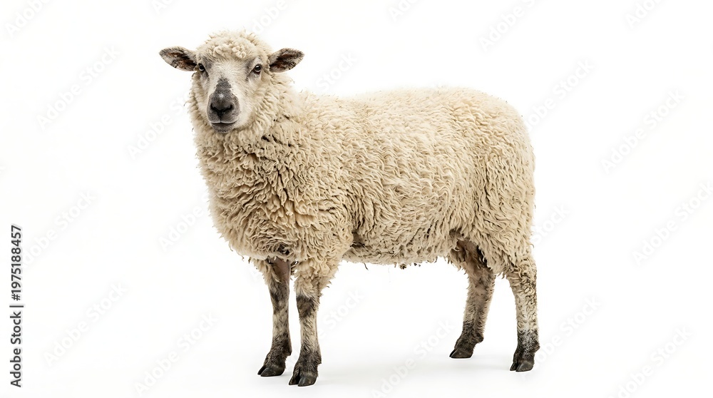 Fototapeta premium Isolated sheep on white background woolly animal posing for product imagery