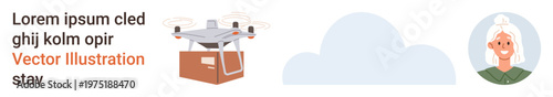 Logistics, technology, communication, delivery services, e-commerce, future innovation. quadcopter carrying a package, a cloud icon and a person profile avatar. Delivery services and technology
