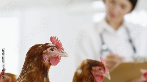 Close-up of chickens with detailed feathers and combs in a bright, clean farm setting. A veterinarian in the background inspects the flock, ensuring poultry health.