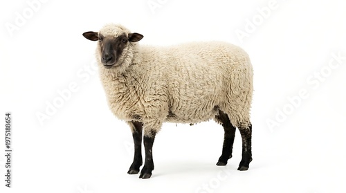 Isolated sheep with white wool and black face against a white background