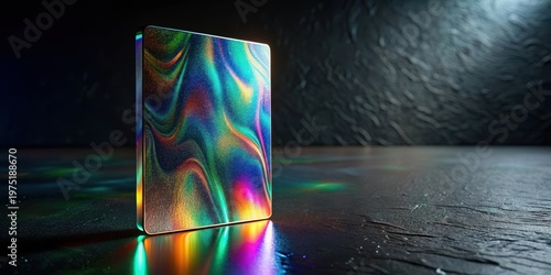 A shimmering, iridescent rectangular object with a captivating spectrum of colors rests on a dark, textured surface, creating a mesmerizing display of light and reflection.