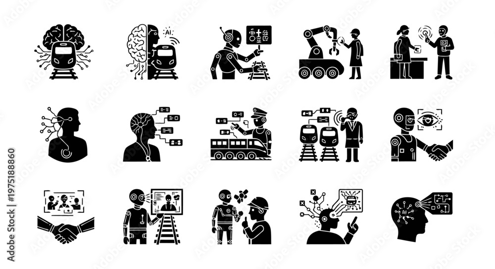 Fototapeta premium A futuristic icon pack featuring human, robot, and railway AI technology concepts in a bold black vector style.