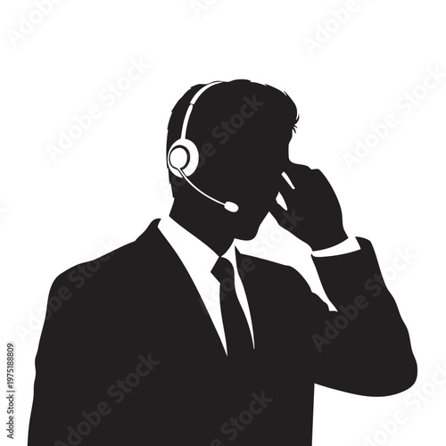 Silhouette of businessman with headset representing customer service or telemarketing isolated on wh