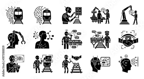 Set of 15 advanced black glyph icons representing smart railway systems powered by AI and human-robot collaboration.